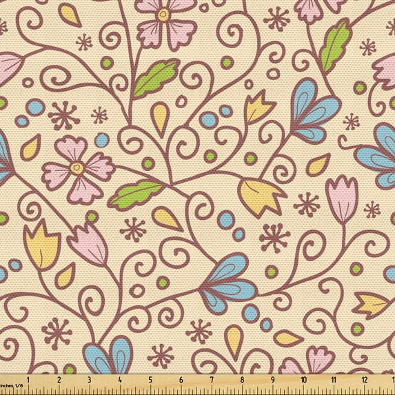 Ambesonne Floral Vintage Fabric by the Yard Upholstery, Swirl Circular, 1 Yard, Champagne and Multicolor