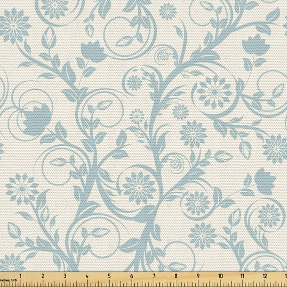 Ambesonne Floral Vintage Fabric by the Yard Upholstery, Vintage Feminine, 2 Yards, Pale Blue Grey Eggshell