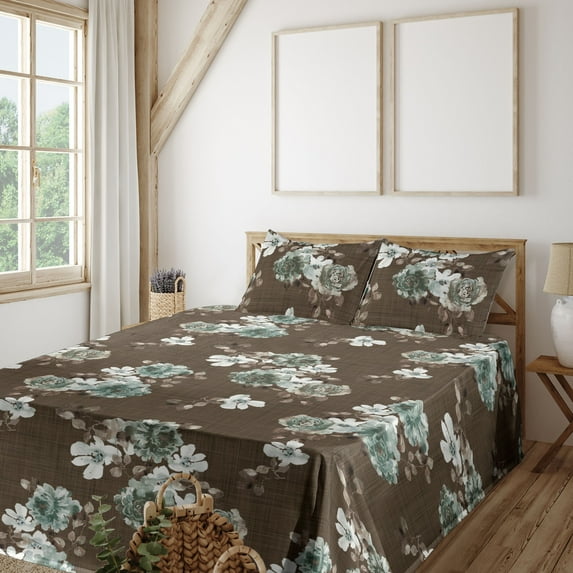 Ambesonne Floral Vintage Fitted & Flat Sheet with Shams 4 Pcs Set, Leafy Flowers Print, Calking, Taupe Almond Green