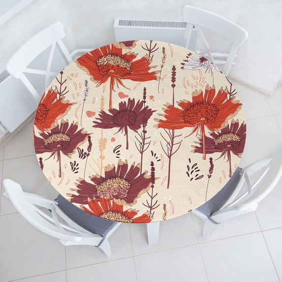 Ambesonne Floral Vintage Fitted Round Tablecloth, Asters Starflower, 40"- 44" Diameter, Brown Burnt Orange and Beige