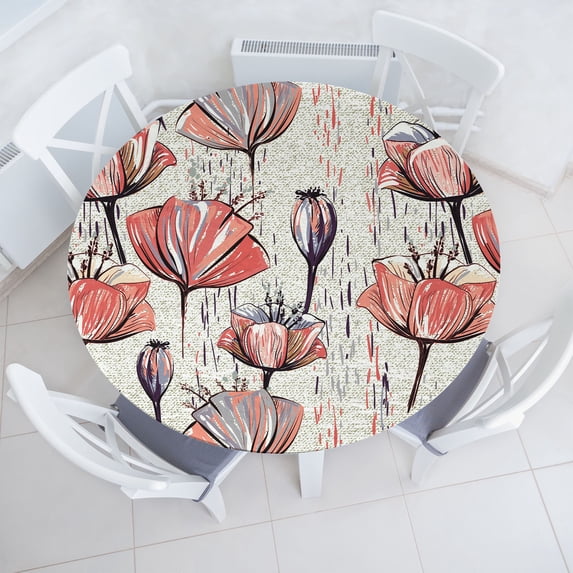 Ambesonne Floral Vintage Fitted Round Tablecloth, Retro Poppy Flowers, 56"- 60" Diameter, Burnt Sienna Dust Grey