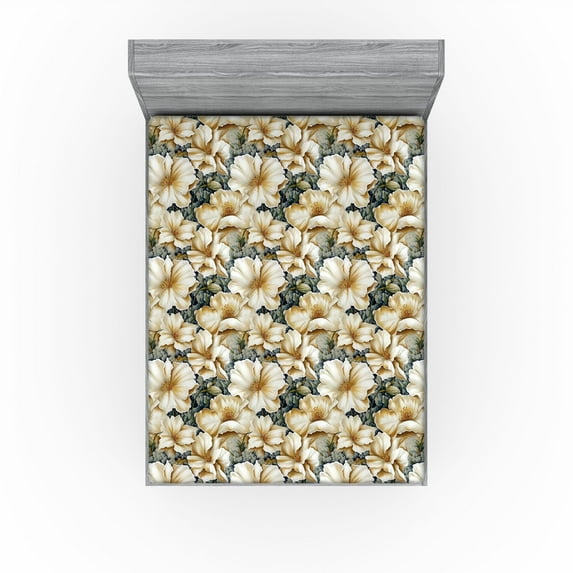 Ambesonne Floral Vintage Fitted Sheet, Art Exotic Hibiscus, King Size, Pastel Brown Sage Green