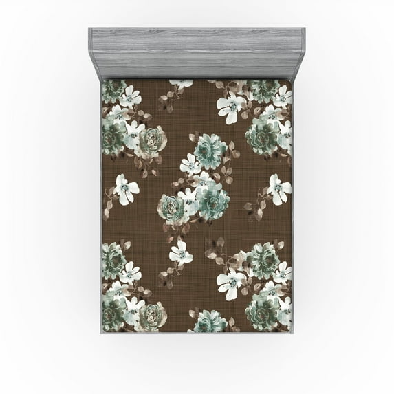 Ambesonne Floral Vintage Fitted Sheet, Leafy Flowers Print, California King, Taupe Almond Green