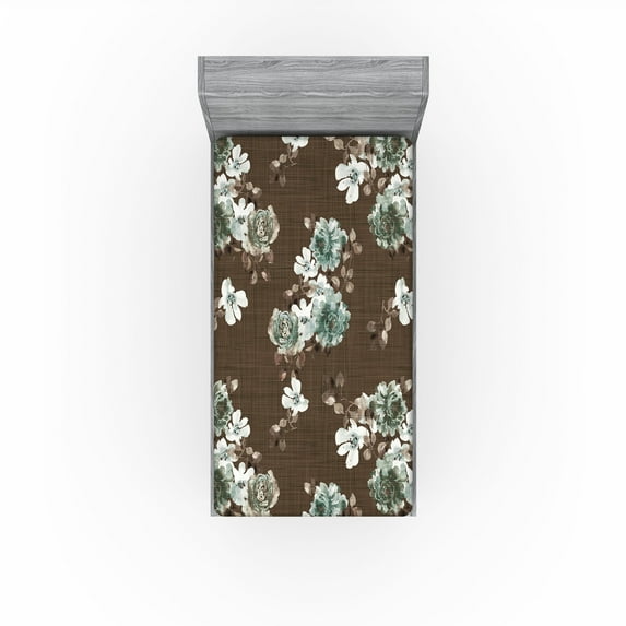 Ambesonne Floral Vintage Fitted Sheet, Leafy Flowers Print, Twin Size, Taupe Almond Green