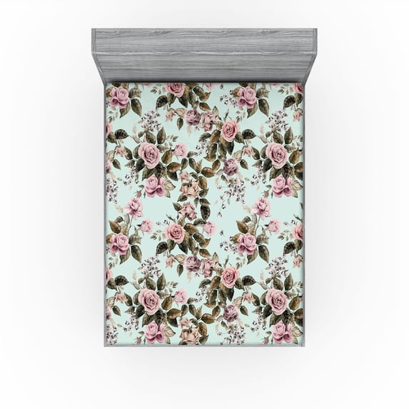 Ambesonne Floral Vintage Fitted Sheet, Romantic Vibes Roses, California King, Pale Pink Reseda Green