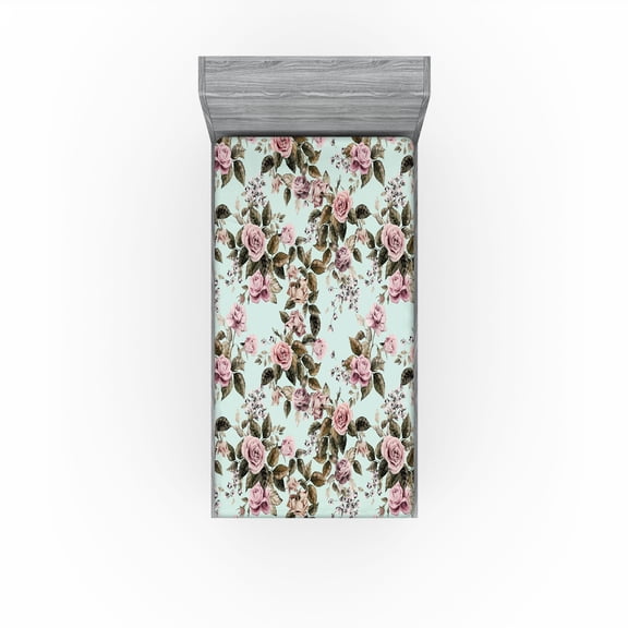 Ambesonne Floral Vintage Fitted Sheet, Romantic Vibes Roses, Twin XL Size, Pale Pink Reseda Green