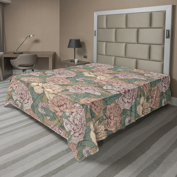 Ambesonne Floral Vintage Flat Bedding Sheet Soft Top Sheet, Autumn Flowers Retro, Queen, Blush Laurel Green Tan