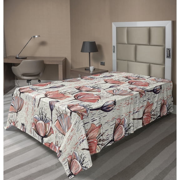 Ambesonne Floral Vintage Flat Bedding Sheet Soft Top Sheet, Retro Poppy Flowers, Twin, Burnt Sienna Dust Grey