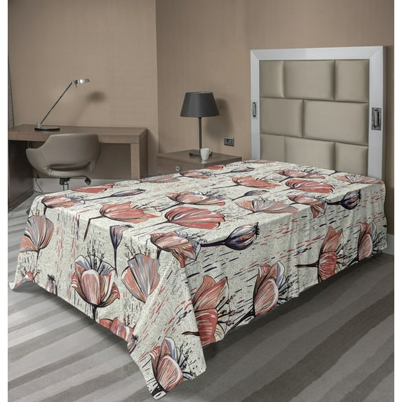 Ambesonne Floral Vintage Flat Bedding Sheet Soft Top Sheet, Retro Poppy Flowers, Twin XL, Burnt Sienna Dust Grey