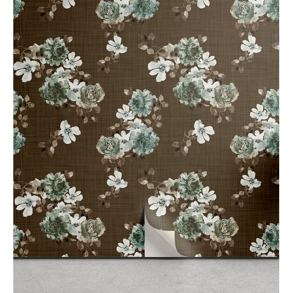 Ambesonne, Floral Vintage Peel & Stick Wallpaper for Home, Leafy Flowers Print, 13"x100", Taupe Almond Green