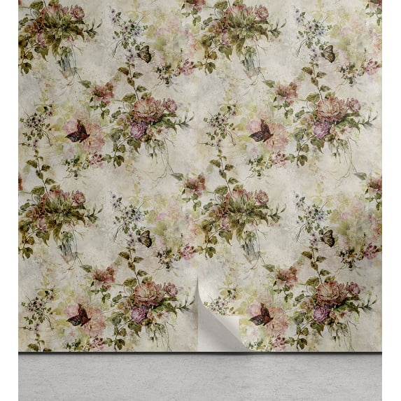 Ambesonne Nostalgic Love Bloom Beige, Floral Vintage Peel & Stick Wallpaper 13"x36"