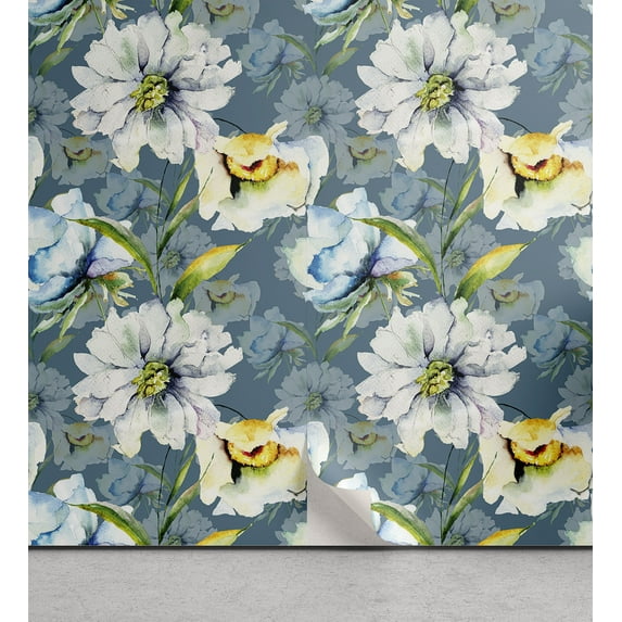 Ambesonne, Floral Vintage Peel & Stick Wallpaper for Home, Summer Flowers Print, 13"x36", Slate Blue Green Marigold