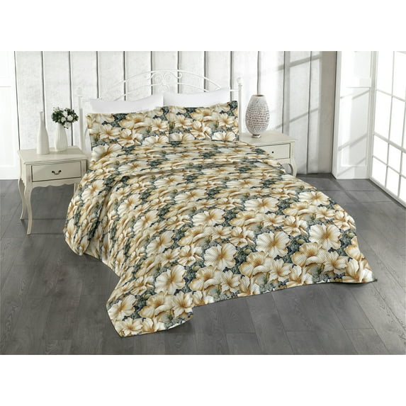 Ambesonne Floral Vintage Quilted Bedspread Set 3 Pcs, Art Exotic Hibiscus, Twin, Pastel Brown Sage Green