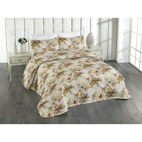 Ambesonne Floral Vintage Quilted Bedspread Set 3 Pcs, Nostalgic Love Bloom, Queen, Beige Multicolor
