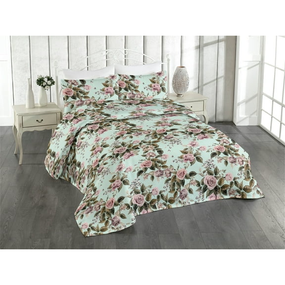 Ambesonne Floral Vintage Quilted Bedspread Set 3 Pcs, Romantic Vibes Roses, King, Pale Pink Reseda Green