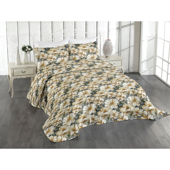 Ambesonne Floral Vintage Quilted Coverlet 3 Pcs, Art Exotic Hibiscus, Queen Size, Pastel Brown Sage Green