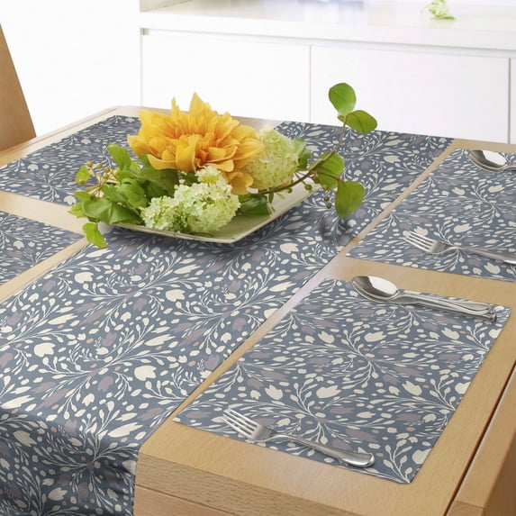 Ambesonne Floral Vintage Table Runner & Placemats, Muted Tones Botany, Placemat 4 pcs + Runner 12"x72", Purpleblue Eggshell