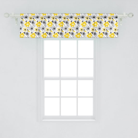Ambesonne Floral Window Valance, Abstract Flowers with Many Patterns Dots and Stripes Petals Modern Design, Curtain Valance for Kitchen Bedroom Decor with Rod Pocket, 54" X 12", Grey Black and Yellow
