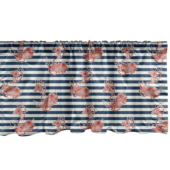 Ambesonne Floral Window Valance, Anchor Striped Backdrop, 54" X 18", White Blue and Red
