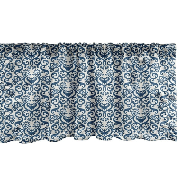 Ambesonne Floral Window Valance, Antique Damask Curvy Art, 54" X 12", Blue White