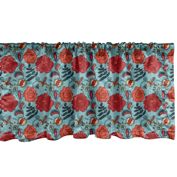 Ambesonne Floral Window Valance, Bohemian Flowers Folkloric, 54" X 12", Vermilion and Pale Blue
