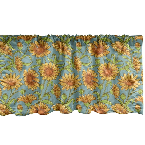 Ambesonne Floral Window Valance, Calendula Flowers Cartoon, 54" X 18", Pale Teal Orange