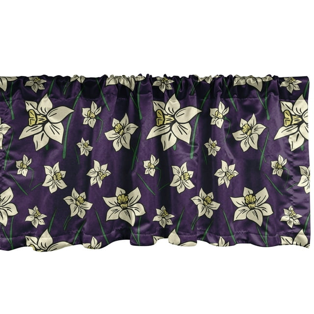 Ambesonne Floral Window Valance, Cartoonish Design Daffodils, 54" X 12", Dark Purple Cream