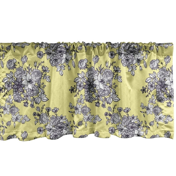 Ambesonne Floral Window Valance, Classic Retro Bouquets Buds, 42" x 18", Pale Yellow and Dark Purple