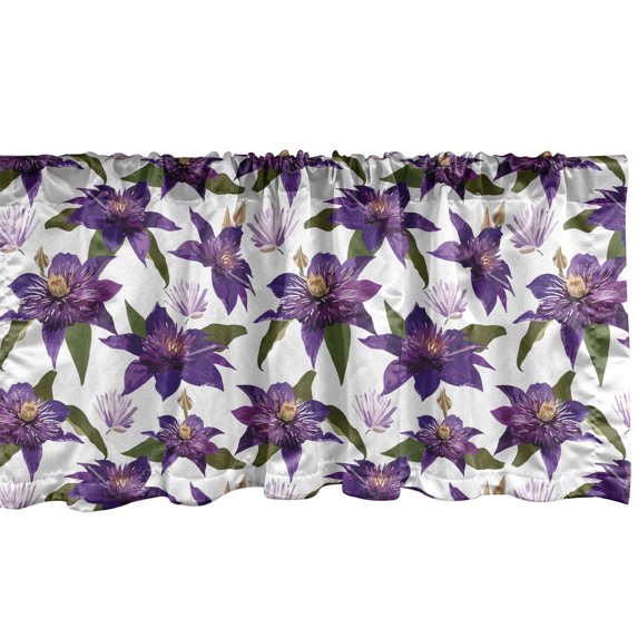 Ambesonne Floral Window Valance, Clematis Blossoms Look, 54" X 18", Purple Dark Green White