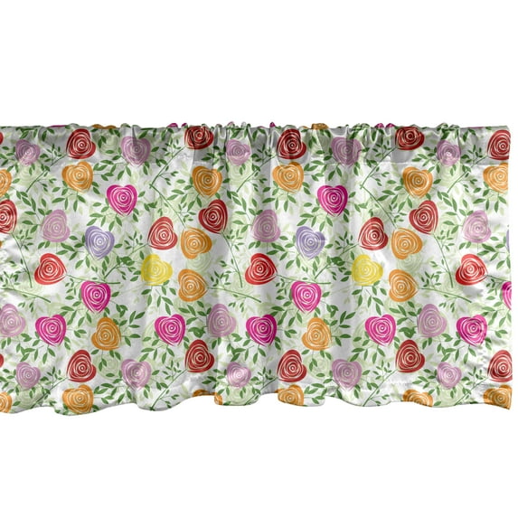 Ambesonne Floral Window Valance, Colorful Graphic Art of Heart Shaped Rose Petals in Garden with Green Foliage Leaves, Curtain Valance for Kitchen Bedroom Decor with Rod Pocket, 54" X 12", Multicolor