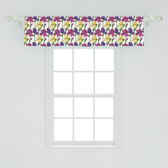Ambesonne Floral Window Valance, Continuous Iris Botanical Flowers Rustic Style Elements on Plain Background, Curtain Valance for Kitchen Bedroom Decor with Rod Pocket, 54" X 12", White Multicolor