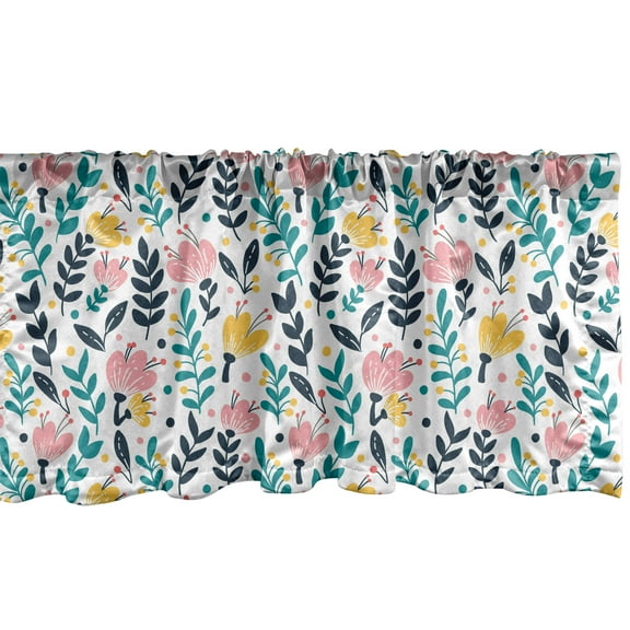 Ambesonne Floral Window Valance, Continuous Pattern Cartoonish Botanical Flora on Plain Backdrop Spring Print, Curtain Valance for Kitchen Bedroom Decor with Rod Pocket, 54" X 12", Multicolor