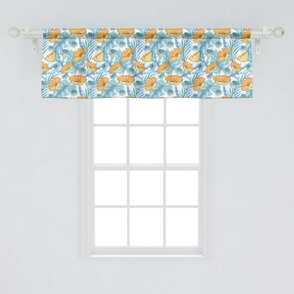 Ambesonne Floral Window Valance, Digitally Generated Exotic Flowers and Leaves, Curtain Valance for Kitchen Bedroom Decor with Rod Pocket, 54" X 18", Pale Orange Pale Blue
