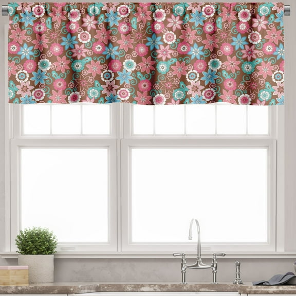 Ambesonne Floral Window Valance, Flower Petals Florets, 54" X 18", Pink Brown and Teal
