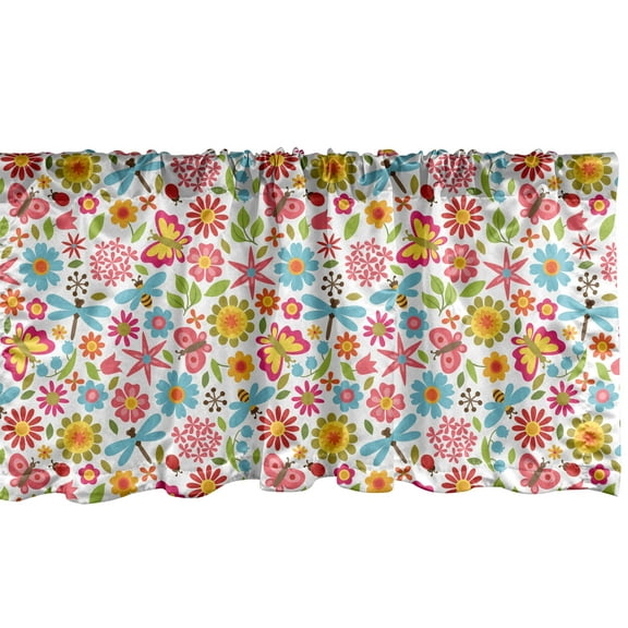 Ambesonne Floral Window Valance, Flowers Butterflies Beetles, 54" X 18", Multicolor