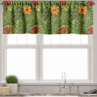 Ambesonne Floral Window Valance, Fractal Retro Jungle Art, 54" X 18", Olive Green Vermilion