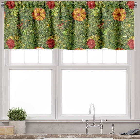 Ambesonne Floral Window Valance, Fractal Retro Jungle Art, 54" X 18", Olive Green Vermilion