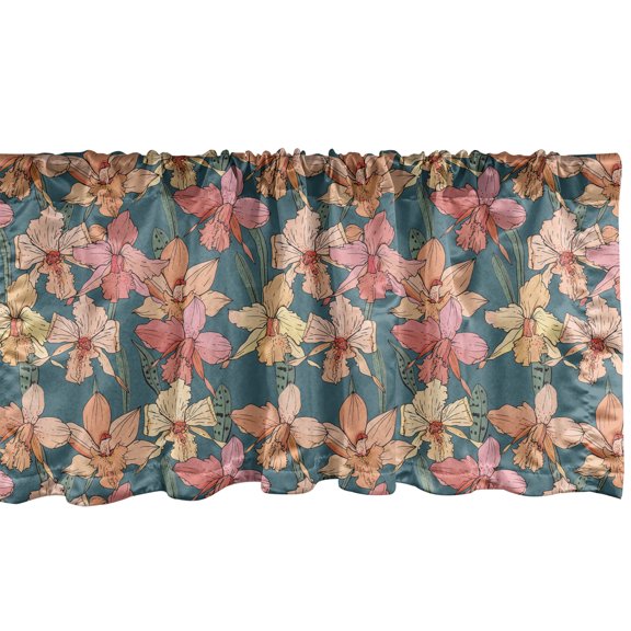 Ambesonne Floral Window Valance, Graphical Orchid Flowers, 42" x 12", Slate Blue Coral Salmon