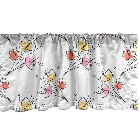 Ambesonne Floral Window Valance, Hand Drawn Art Pattern with Buds and Blossoms with Color Splash Print, Curtain Valance for Kitchen Bedroom Decor with Rod Pocket, 54" X 18", Pale Orange and Coral
