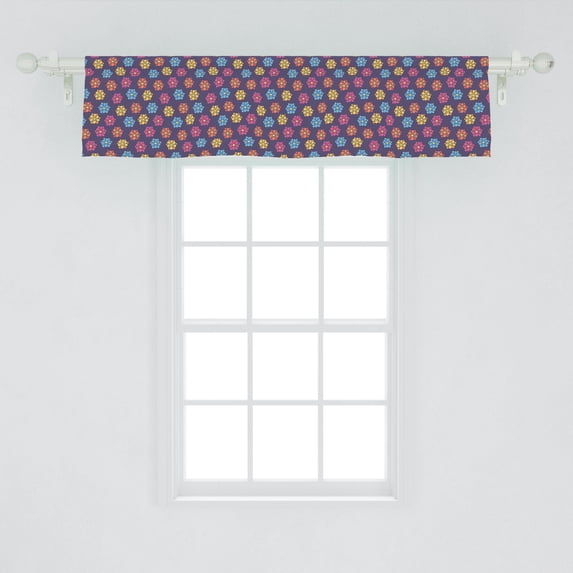 Ambesonne Floral Window Valance, Illustration of Symmetrical Colorful Cartoon Flowers Arrangement Pattern, Curtain Valance for Kitchen Bedroom Decor with Rod Pocket, 54" X 12", Dark Indigo Multicolor