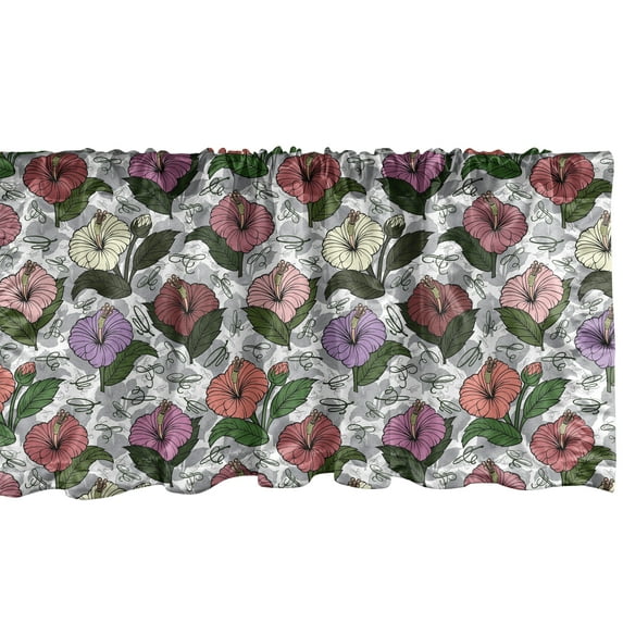 Ambesonne Floral Window Valance, Image of Spring Pattern with Hibiscus Flowers and Calligraphic Elements, Curtain Valance for Kitchen Bedroom Decor with Rod Pocket, 54" X 18", White and Multicolor