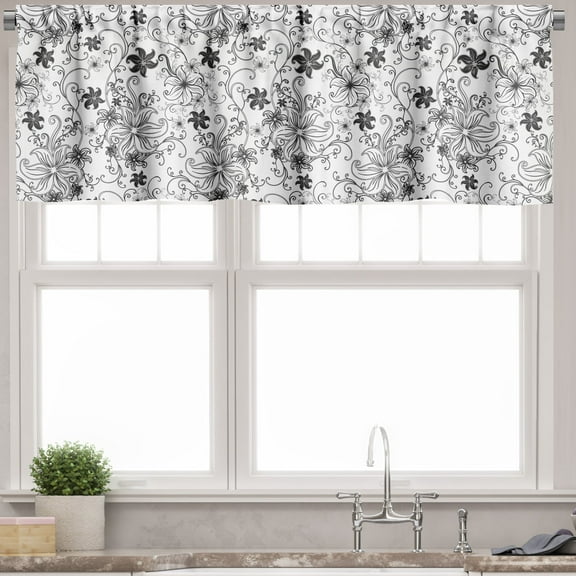 Ambesonne Floral Window Valance, Leaves Twirls Swirls Bud, 54" X 18", Black and White