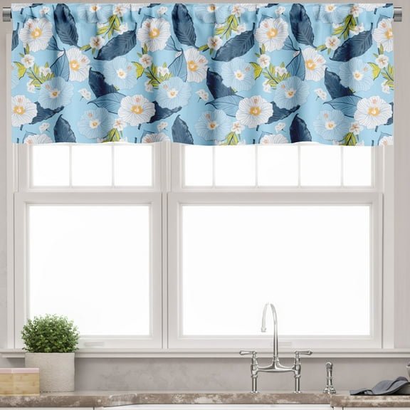 Ambesonne Floral Window Valance, Leaves and Blooming Flowers, 54" X 18", Pale Blue Dark Sky Blue