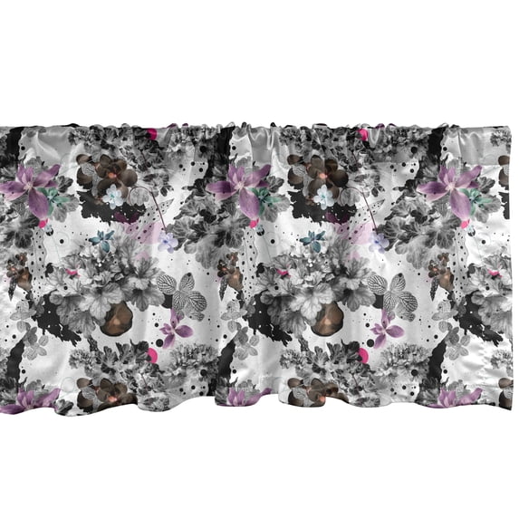 Ambesonne Floral Window Valance, Magnolia Flowers Dots Leaves, 54" X 12", Grey Brown and Pale Purple