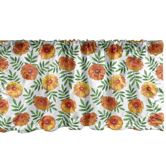 Ambesonne Floral Window Valance, Marigold Flowers with Leaves, 42" x 12", Vermillion and Green