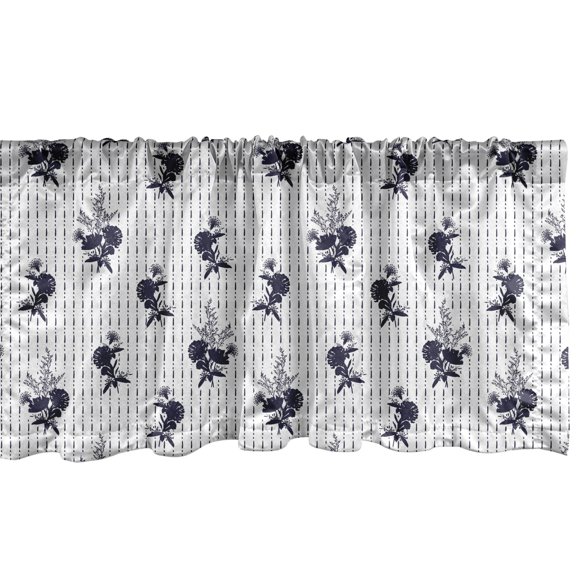Ambesonne Floral Window Valance, Modern Art Style Flower Silhouettes and Continuous Vertical Dashed Lines, Curtain Valance for Kitchen Bedroom Decor with Rod Pocket, 54" X 12", White and Night Blue