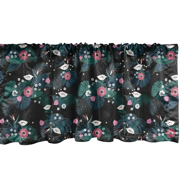 Ambesonne Floral Window Valance, Modern Dark Tropical Garden Pattern with Exotic Forest Plants and Leaves, Curtain Valance for Kitchen Bedroom Decor with Rod Pocket, 54" X 18", Multicolor