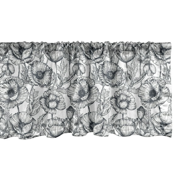 Ambesonne Floral Window Valance, Monochrome Poppy Sketch Art, 42" x 12", Dark Blue Grey and White