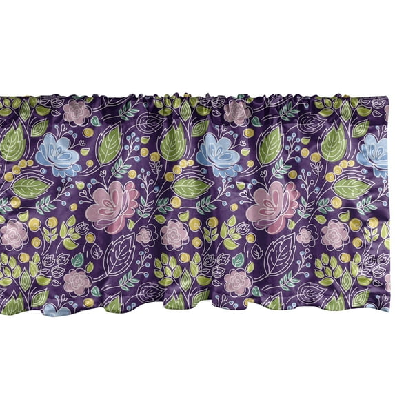 Ambesonne Floral Window Valance, Natural Theme Flower and Leaves with Yellow Berries Botanical Art, Curtain Valance for Kitchen Bedroom Decor with Rod Pocket, 54" X 12", Sea Blue Lime Green Purple