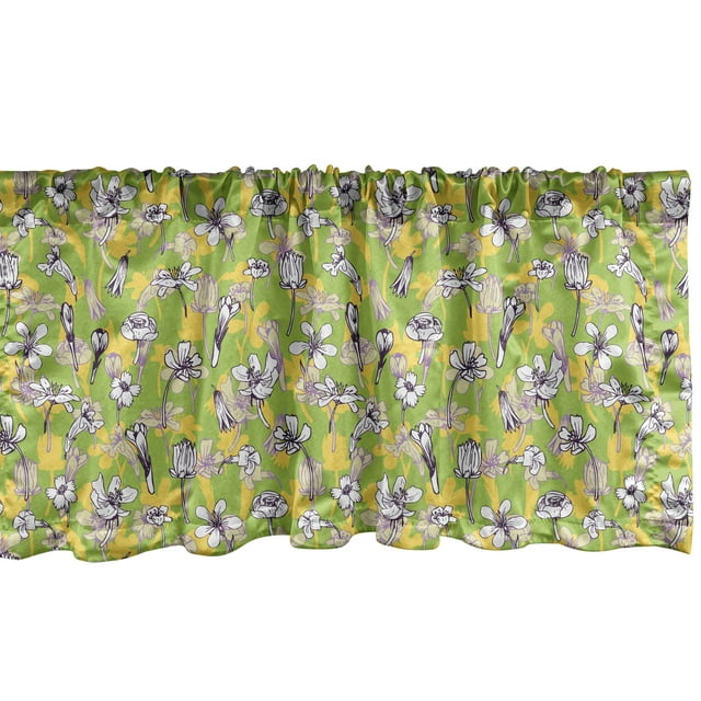 Ambesonne Floral Window Valance, Pattern of Line Drawing Style Herbs and Flowers Botanical Field in Full Blossom, Curtain Valance for Kitchen Bedroom Decor with Rod Pocket, 54" X 12", Multicolor